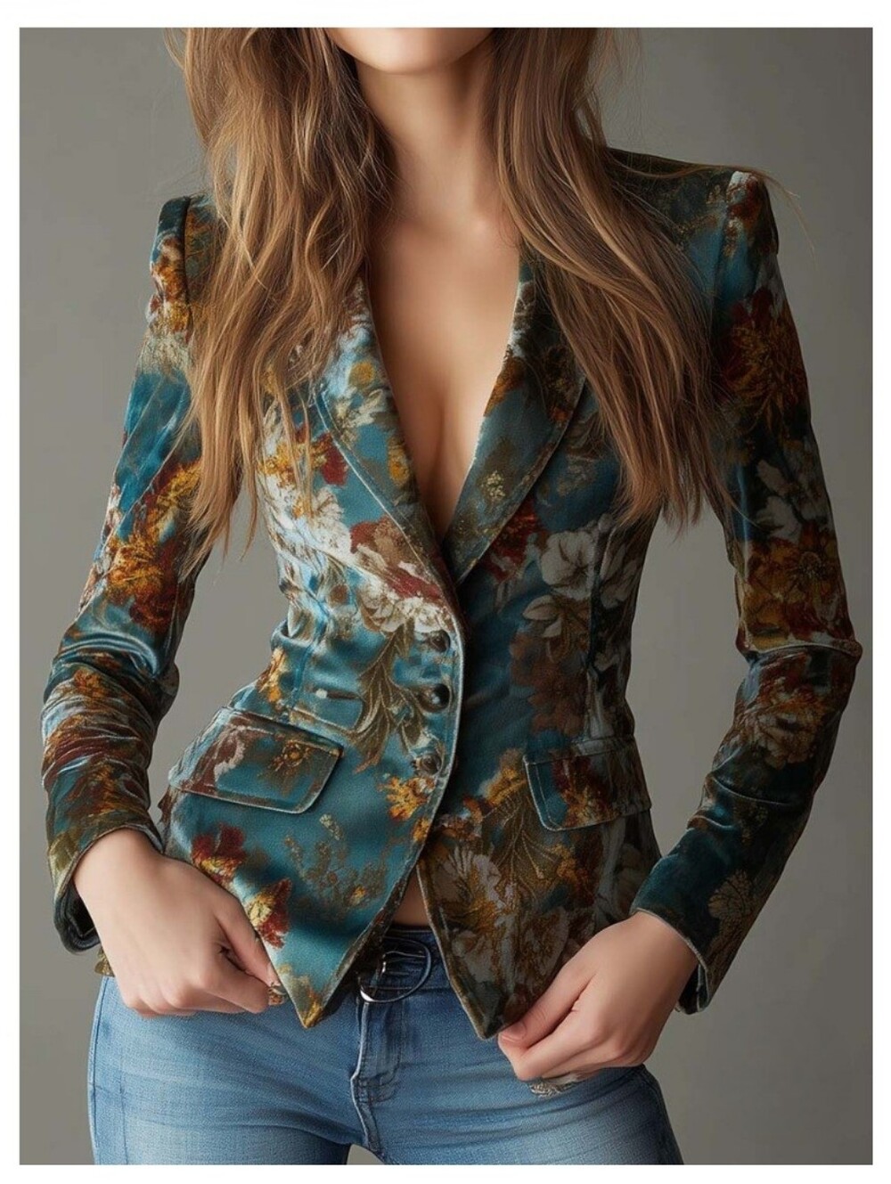 NWT FuTario Vintage Teal Floral Velvet Tailored Blazer Size Medium - Picture 10 of 11
